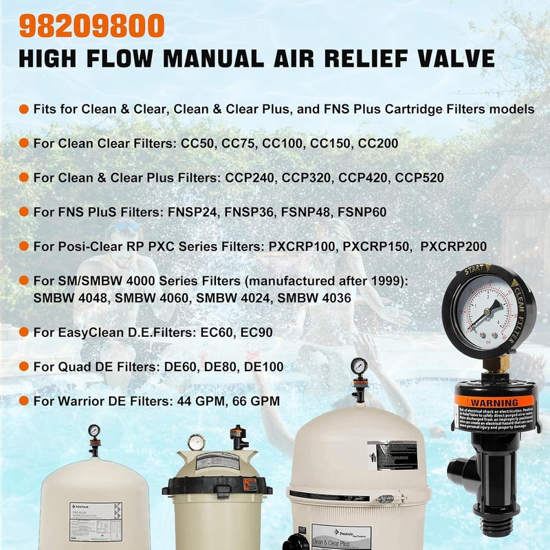 SOASEMBE 98209800 Manual Air Relief Valve Assembly with Pool Filter Pressure Gauge, Spa Pool Filter Pressure Valve Compatible with Pentair Air Relief Valve Fit for FNS, Clean and Clear, Quad De, 4000 Series - Image 2